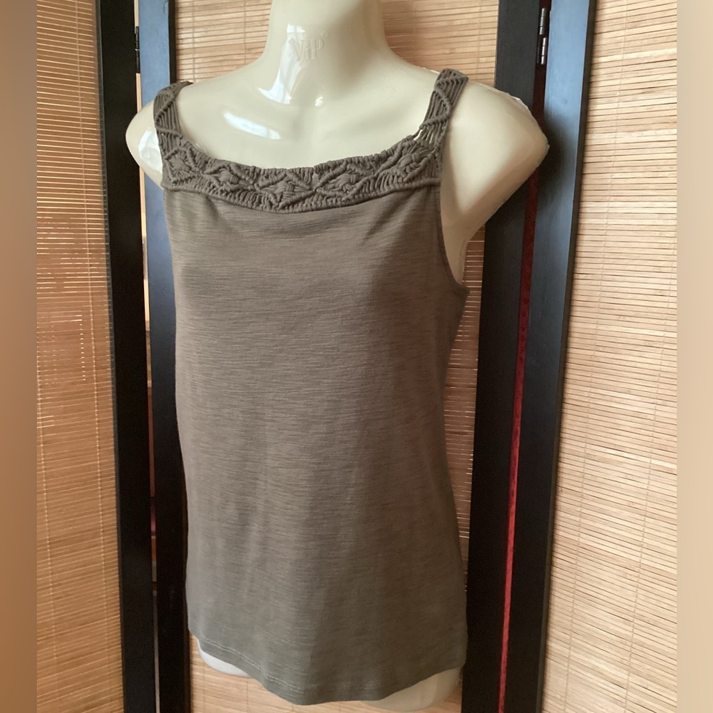 ♦️ RALPH LAUREN Knit Top Sz S moss green cotton macrame collar sleeveless